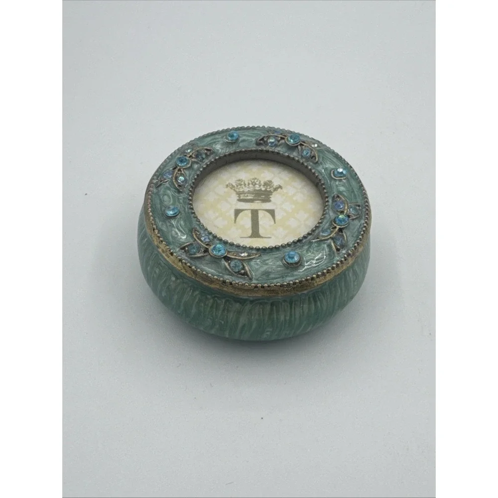 Bejeweled CYAN Blue Round Trinket Box Fairycore Whimsical Dainty